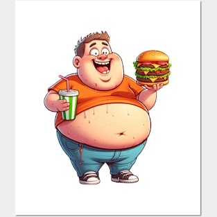 a fat young man eating a burger Posters and Art